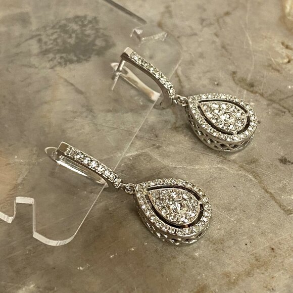 Sterling Silver 925 Cubic Zirconia CZ Teardrop Dangle Earrings Hinged Back - Picture 12 of 16